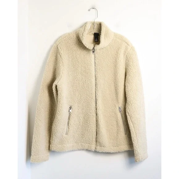 H&M Faux Shearling Jacket Teddy Coat Beige Cream Cozy Warm Fall Full zip ivory - Picture 2 of 9